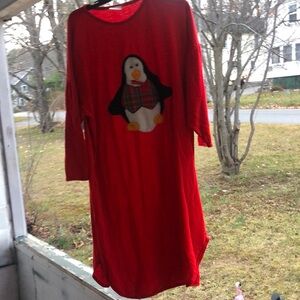 Vintage long fleece nightgown with penguin on it red in color